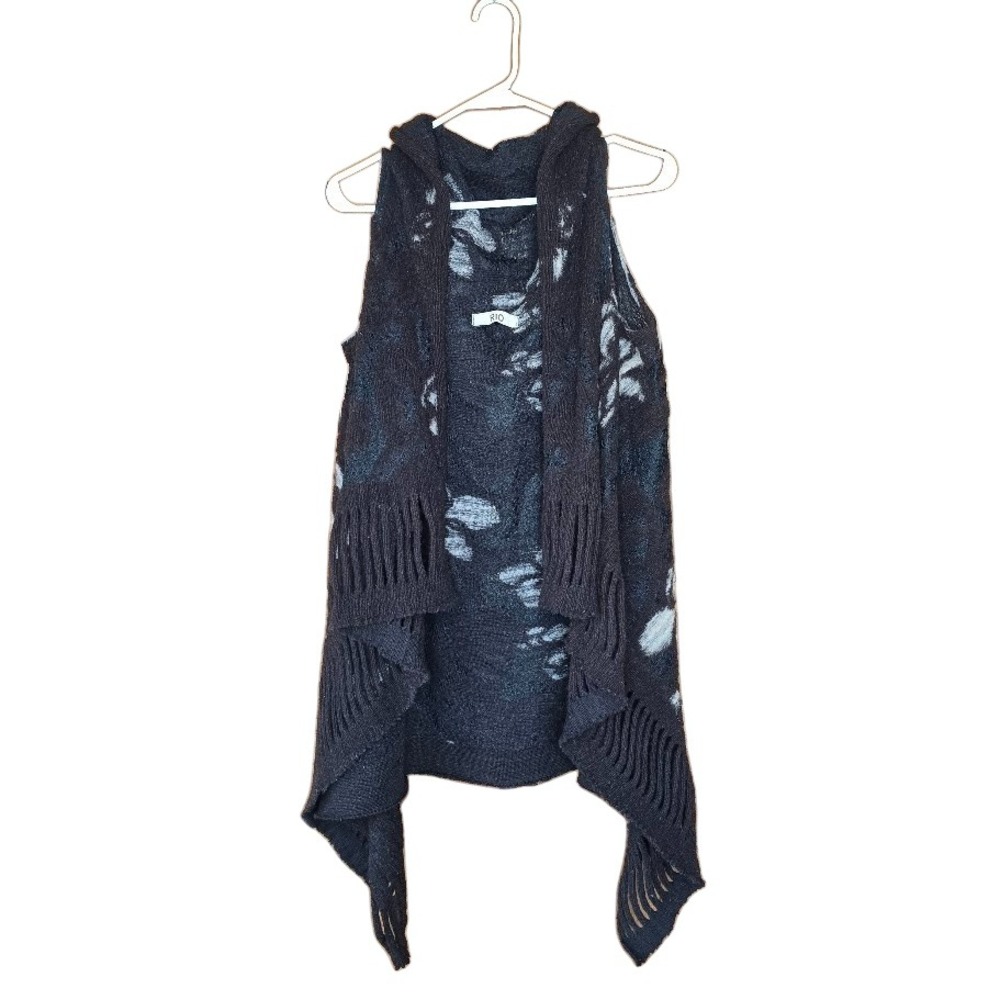 RIO Brown Floral Knit Wooly Vest Fringe Trim Draped Women One Size Boho Layering